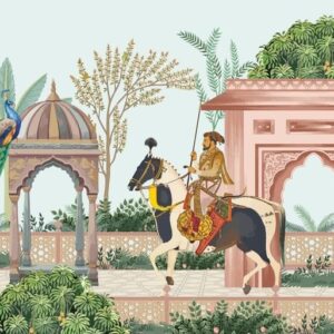 3D wallpaper traditional mughal emperor riding horse garden