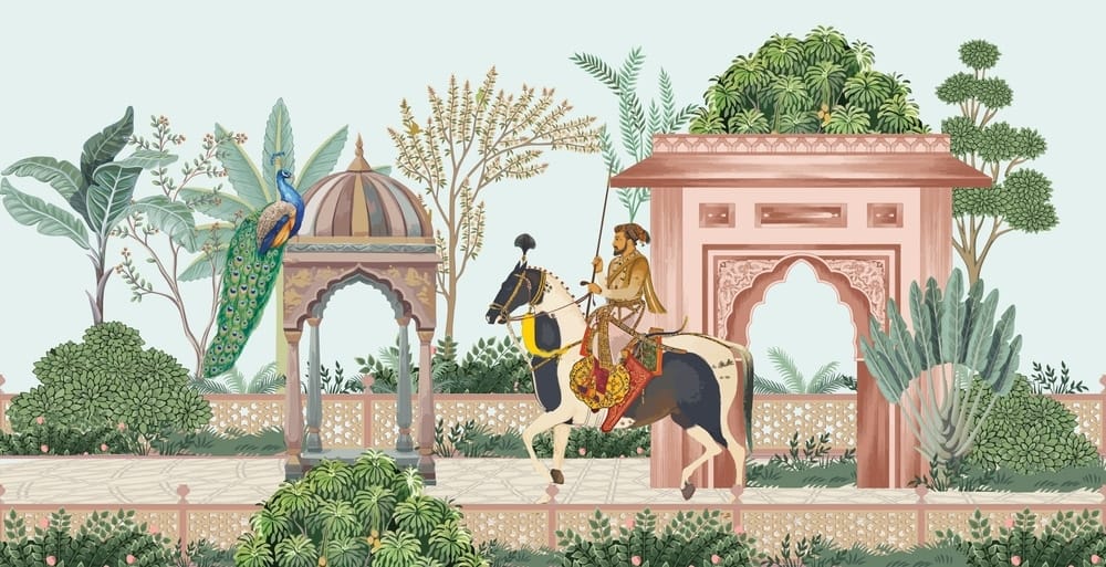 Traditional,Mughal,Emperor,Riding,A,Horse,In,A,Garden,With 3D wallpaper traditional mughal emperor riding horse garden