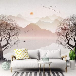 Tree Lake Wall Photo Wallpaper, Starry Moon Sun Custom Photo Peel and Stick Mural Poster 3D Bedroom Study Room Background Wall Painting