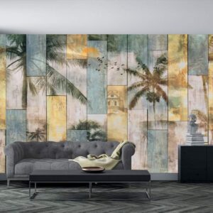 Modern Abstract Photo Wallpaper - Vintage Wooden Planks Coconut Grove Palm Trees Large Mural, Tv Background Decoration Seamless Wall