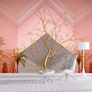 3D pink background golden tree wallpapwallpapers