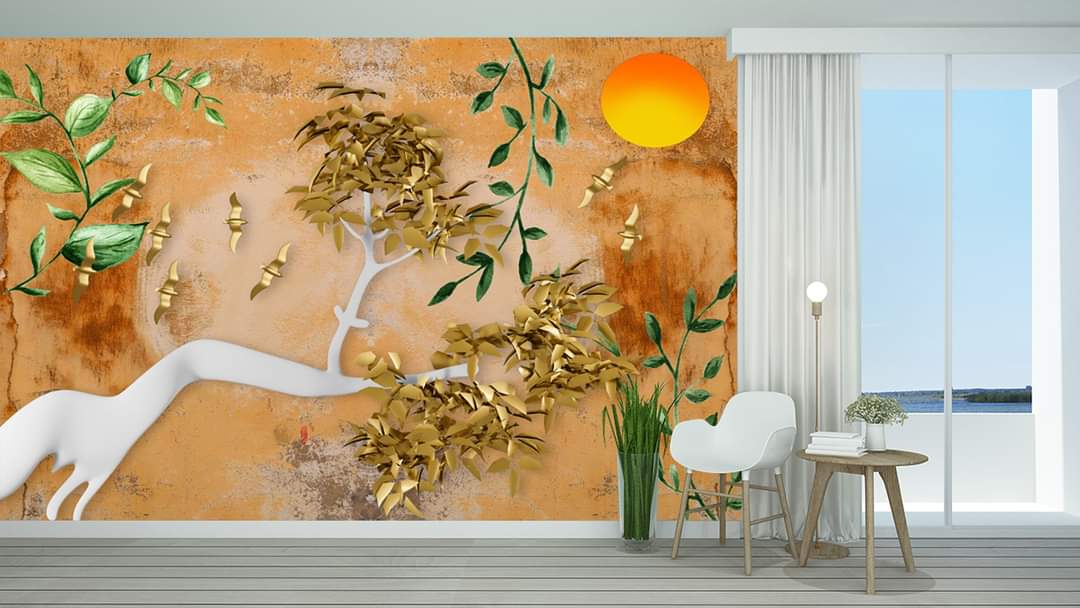 The 3D Rendering corner interior relax space room and view nature 3D golden tree son light wallpapers