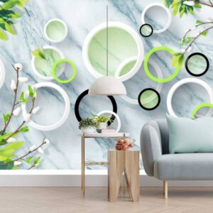 A white circles and green leaves on a marble surface 3D wallpaper