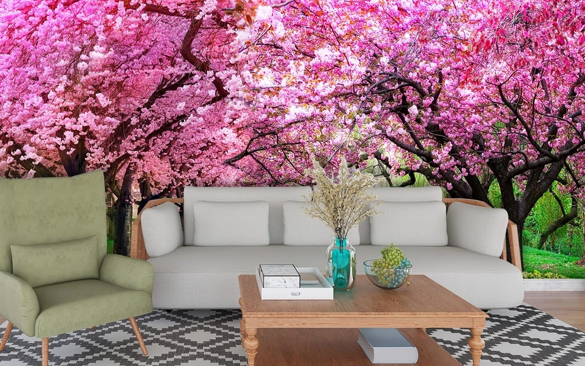 3D Effect Cherry Blossom Trees Wallpaper for Living Room