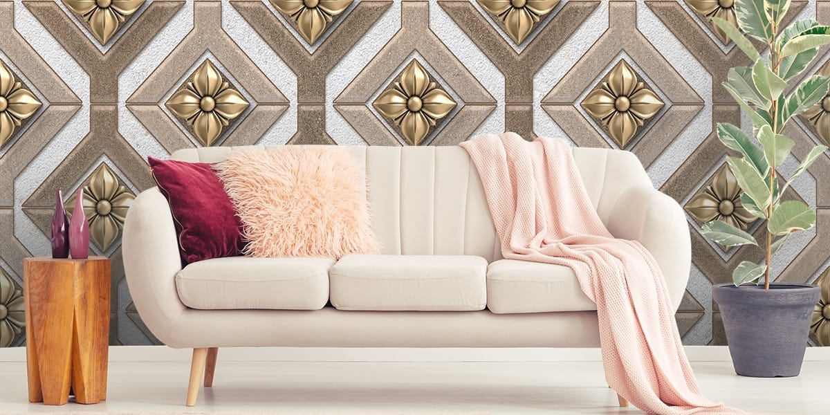 A pattern of gold flowers and diamond shapes