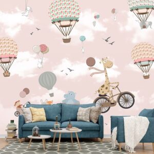 Kids Room 3D Wallpaper, A cartoon giraffe riding a bicycle with balloons and a train
