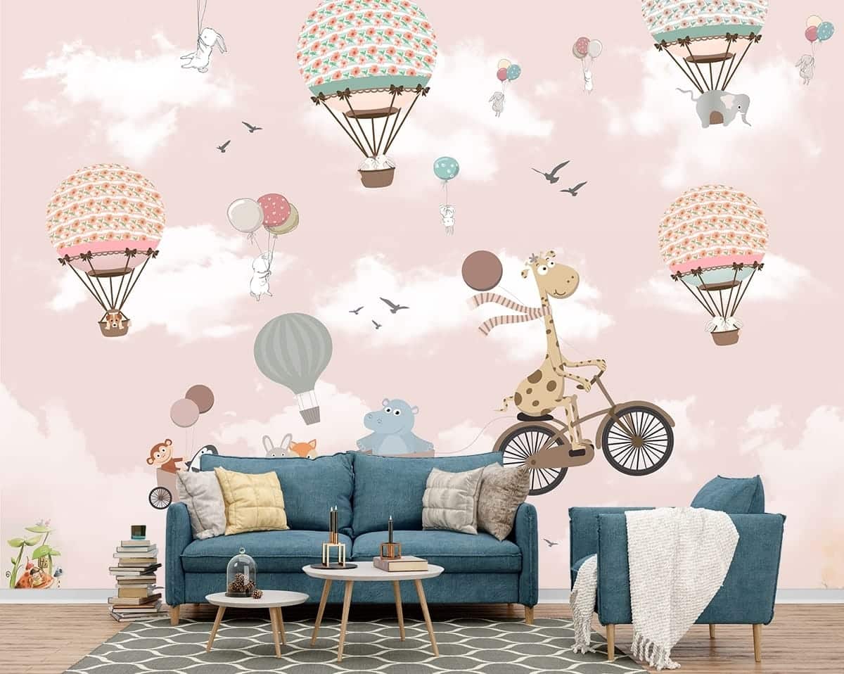Kids Room Wallpaper, A cartoon giraffe riding a bicycle with balloons and a train