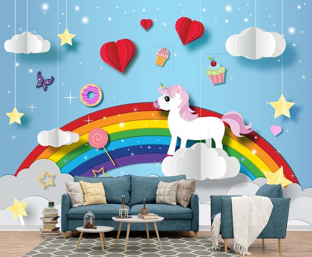 Kids Room Wallpaper, A paper cut out of a unicorn on a cloud with a rainbow and stars 1