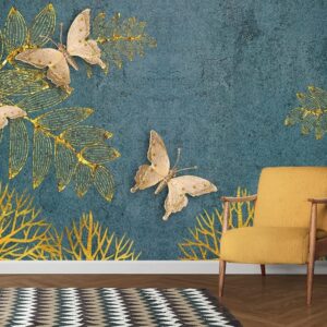 Kids Room Wallpaper, Butterflies and trees with gold leaves
