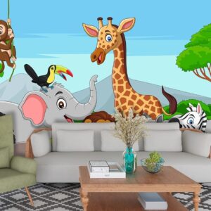 Kids Room 3D Wallpaper, Cartoon of animals in a jungle