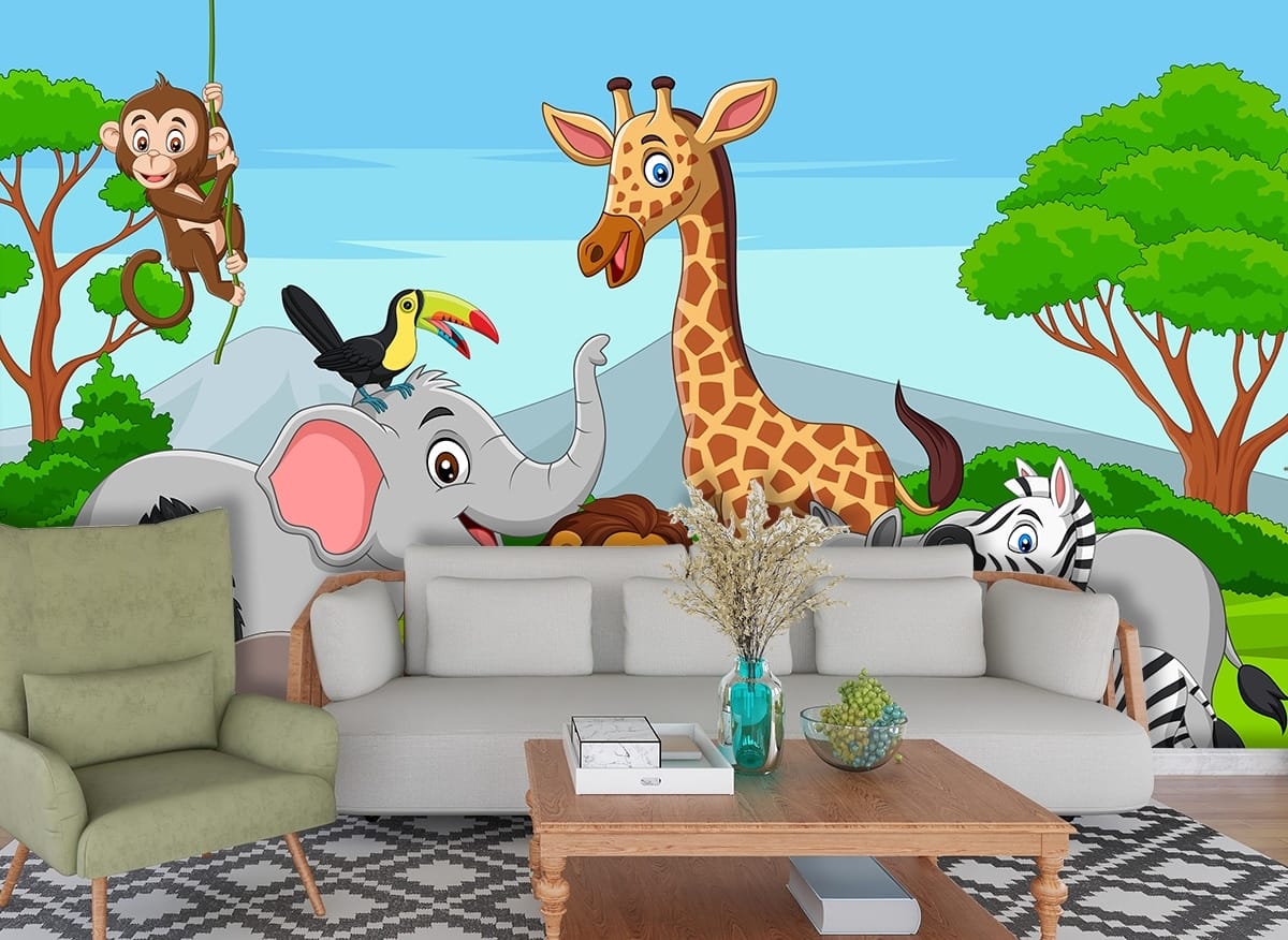Kids Room Wallpaper, Cartoon of animals in a jungle