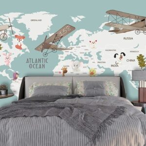 Kids Room Wallpaper, World Map With Cartoon Animals 29