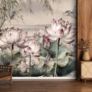 Lotus Flower and Kingfisher With Beige Background Wallpaper for Wall