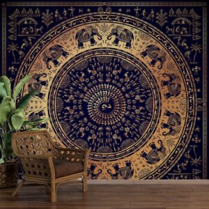 Blue and Gold Warli Art on Rug, Warli Wall Mural munder design