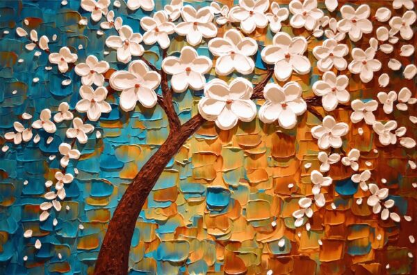 Wallpaper for Wall, Beautiful 3D Painting of a Tree With White Flowers