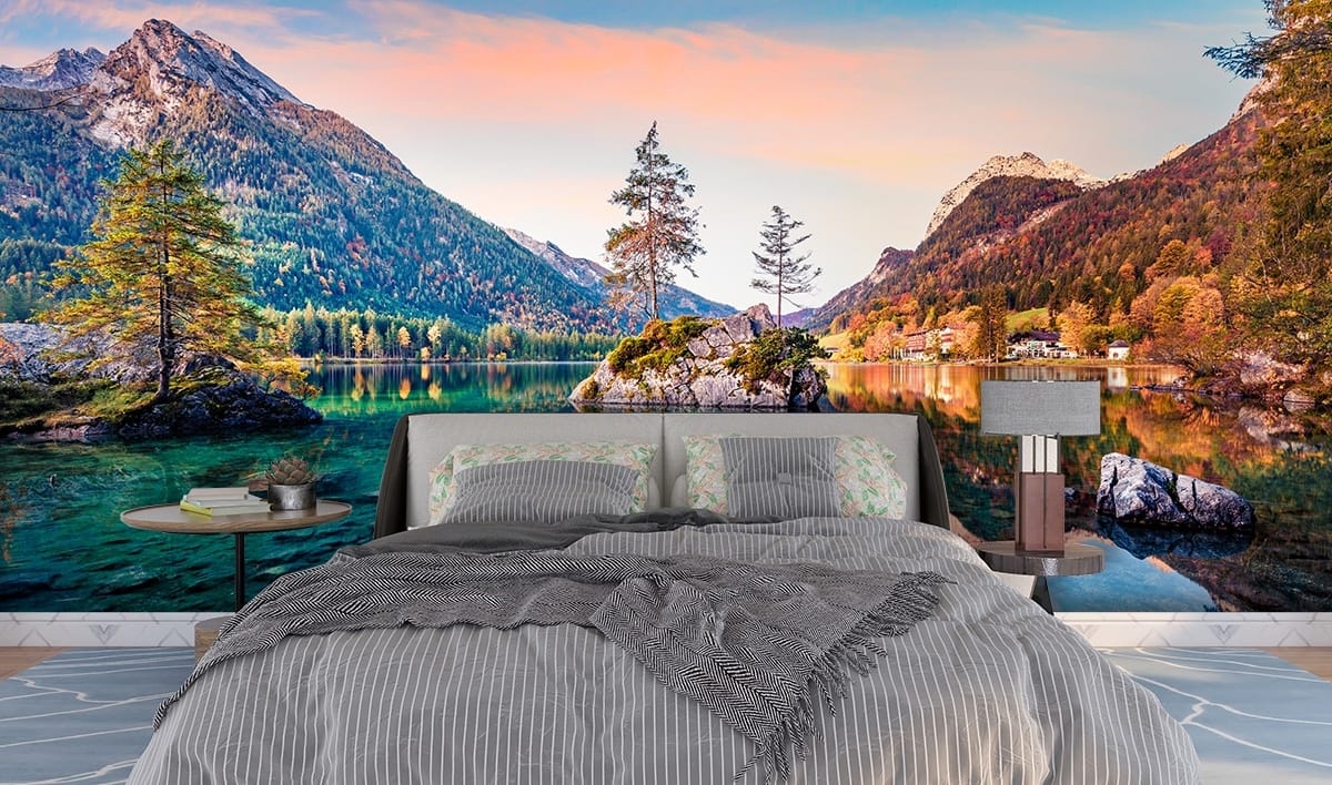 3D Effect Lake With Rocks and Trees Scenery Wallpaper