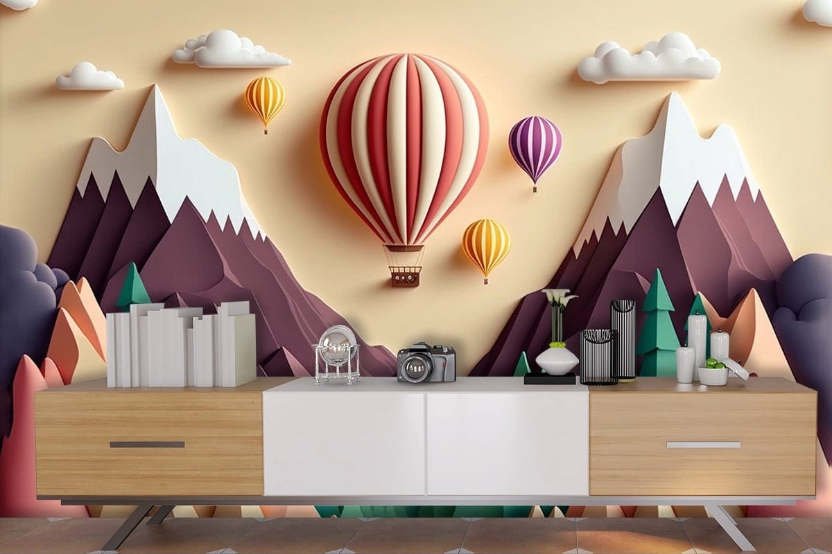 3D Kids Room Wallpaper With Mountains and Hot Air Balloons