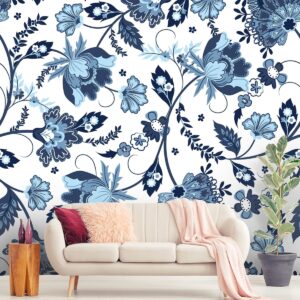 A Wallpaper of Floral Design in Shades of Blue and White