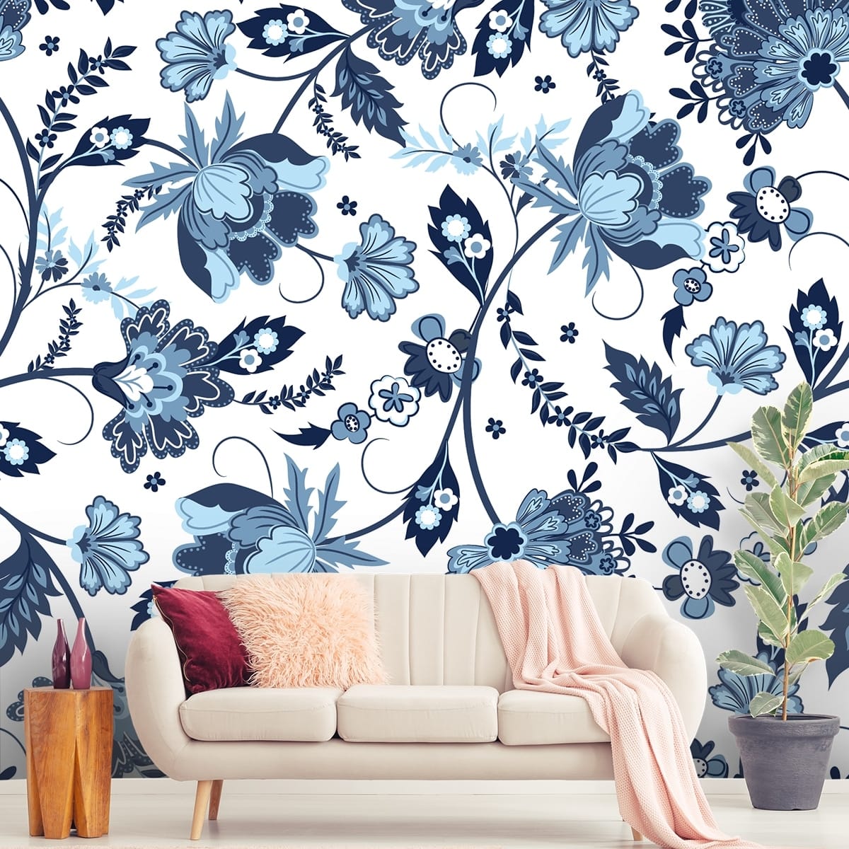 A Wallpaper of Floral Design in Shades of Blue and White