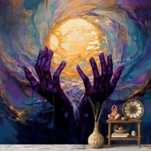 Abstract Ethereal Purple Teal And Gold Gratitude Hands Sun Wallpaper for Wall