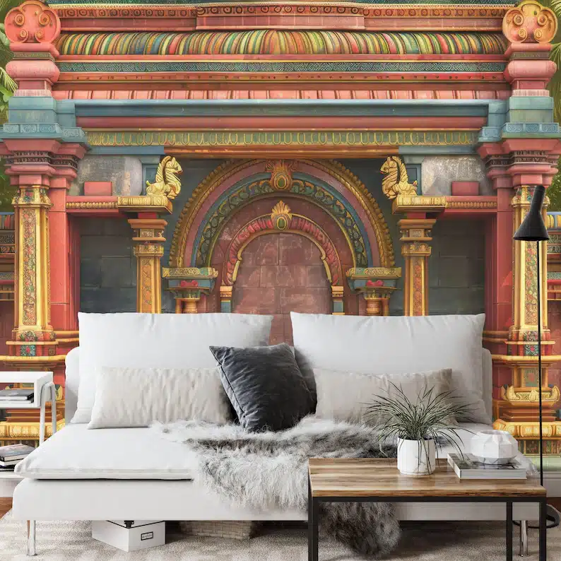 South Indian Hindu Temple Wall with Arch Decor Wall Gift, Art Print Photomural Wallpaper Mural Easy-Install Removeable Peel and Stick Decal 1