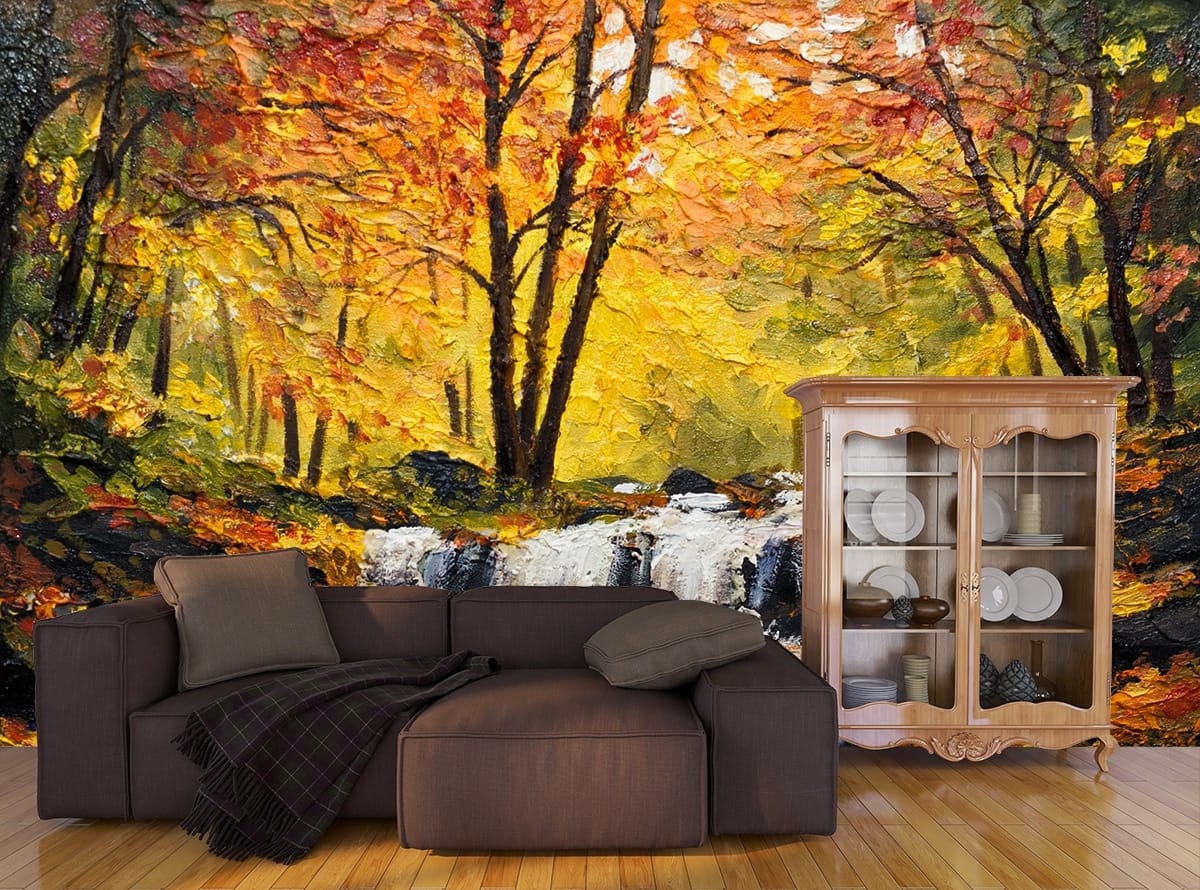 Waterfall Wallpaper for Walls, A painting of a waterfall in a forest