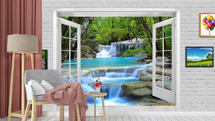 3D Scenic Waterfall Through Window Wallpaper