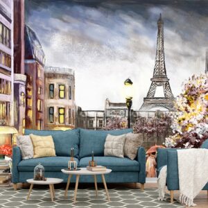 A painting of a city street with people walking with umbrella