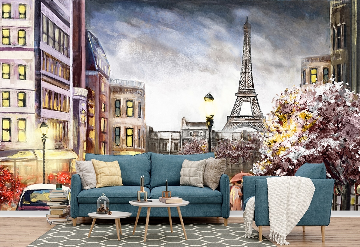 A painting of a city street with people walking with umbrella