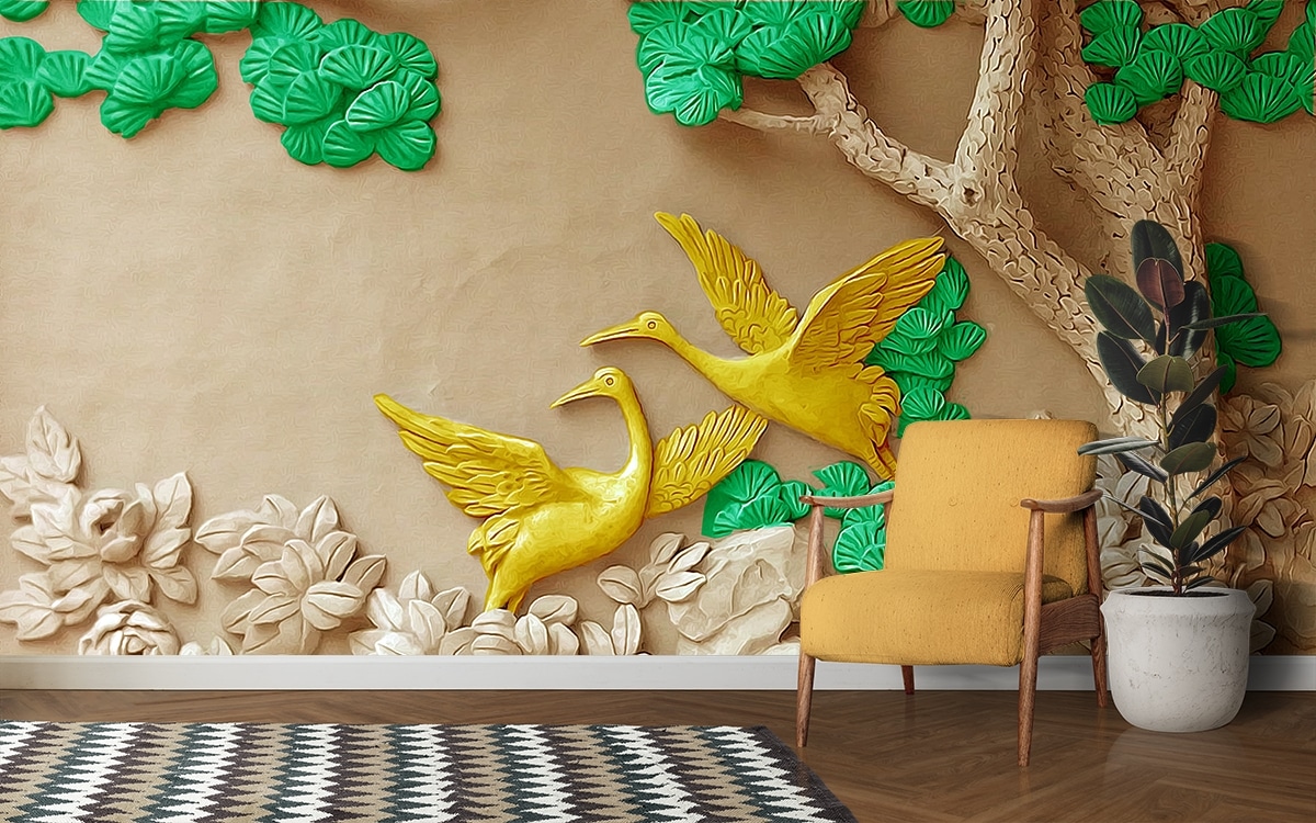 A wall with birds and flowers