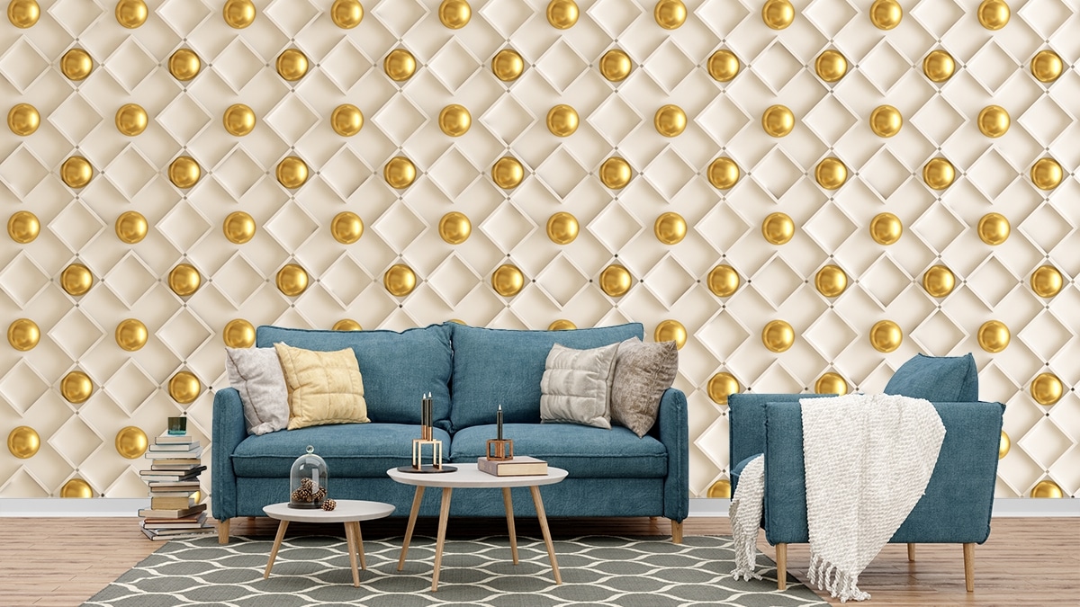 A white and gold background with gold balls