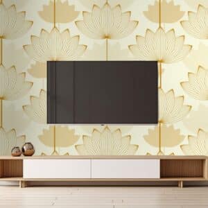 Asian Style Lotus Flower Gold Ivory Shades 3D Wallpaper Design