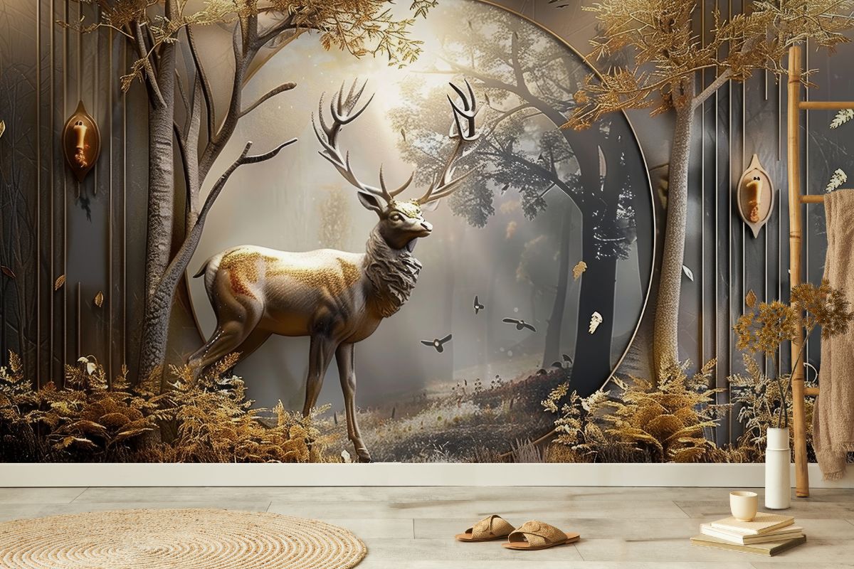 Barahsinga-3D-Golden-Reindeer-Mural-Wallpaper-M