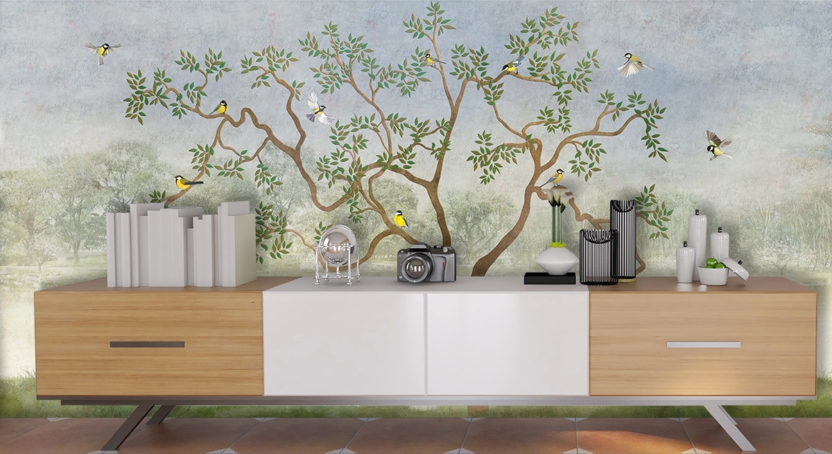Birds Sitting on Tree Branches Mural Wallpaper