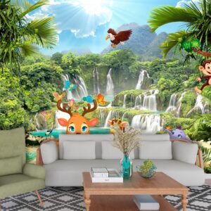 Cute Animals in Tropical Forest Kids Wallpape