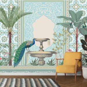 Peacock 3D Wallpaper A peacock drinking from a fountain