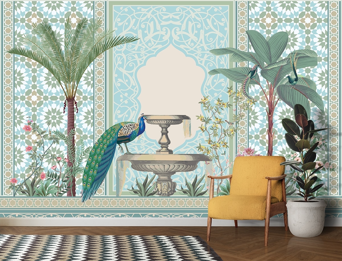 Peacock Wallpaper, A peacock drinking from a fountain