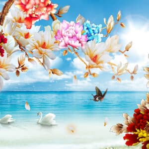 A beautiful view of the ocean and flowers