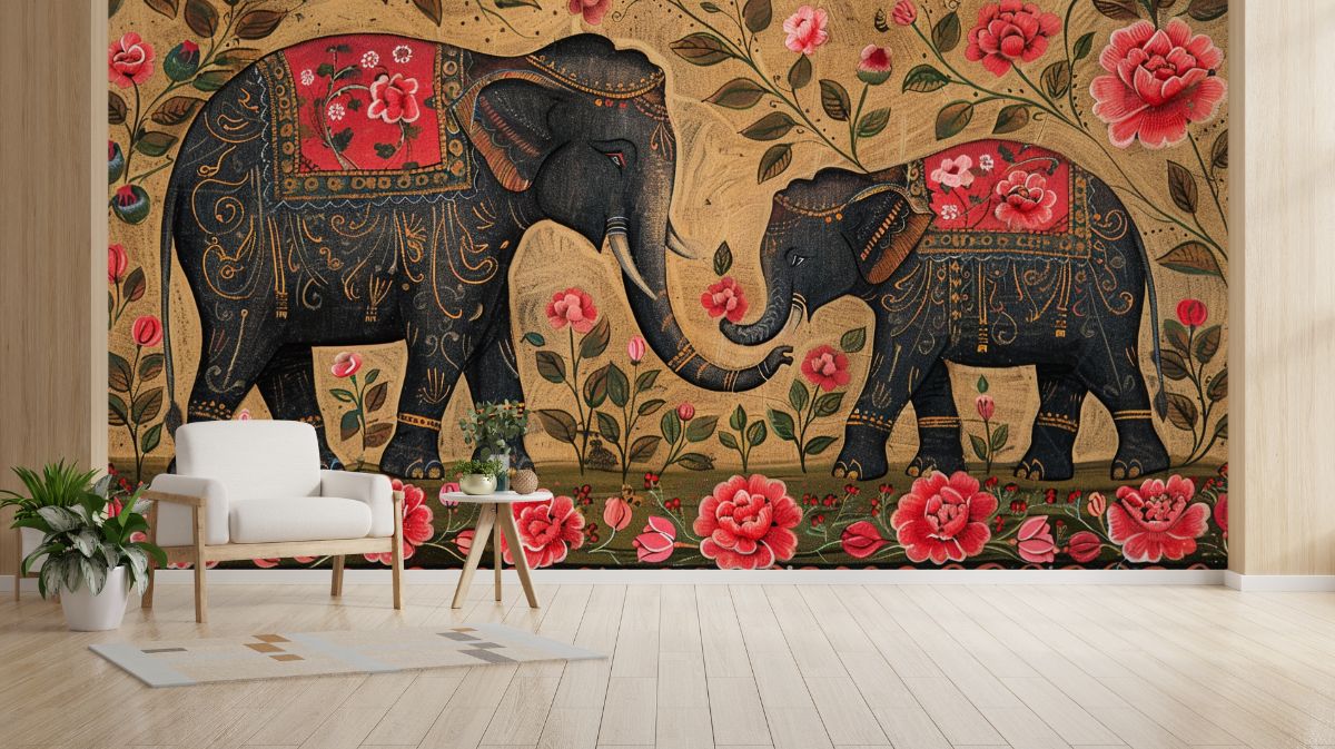 Gaja-Upvan-Madhubani-Painting-of-Elephants-Mural-Wallpaper-M