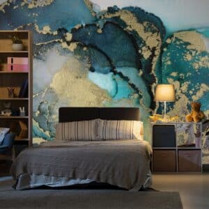 Teal Black Gold Alcohol Ink Fluid Art Wallpaper for Wall