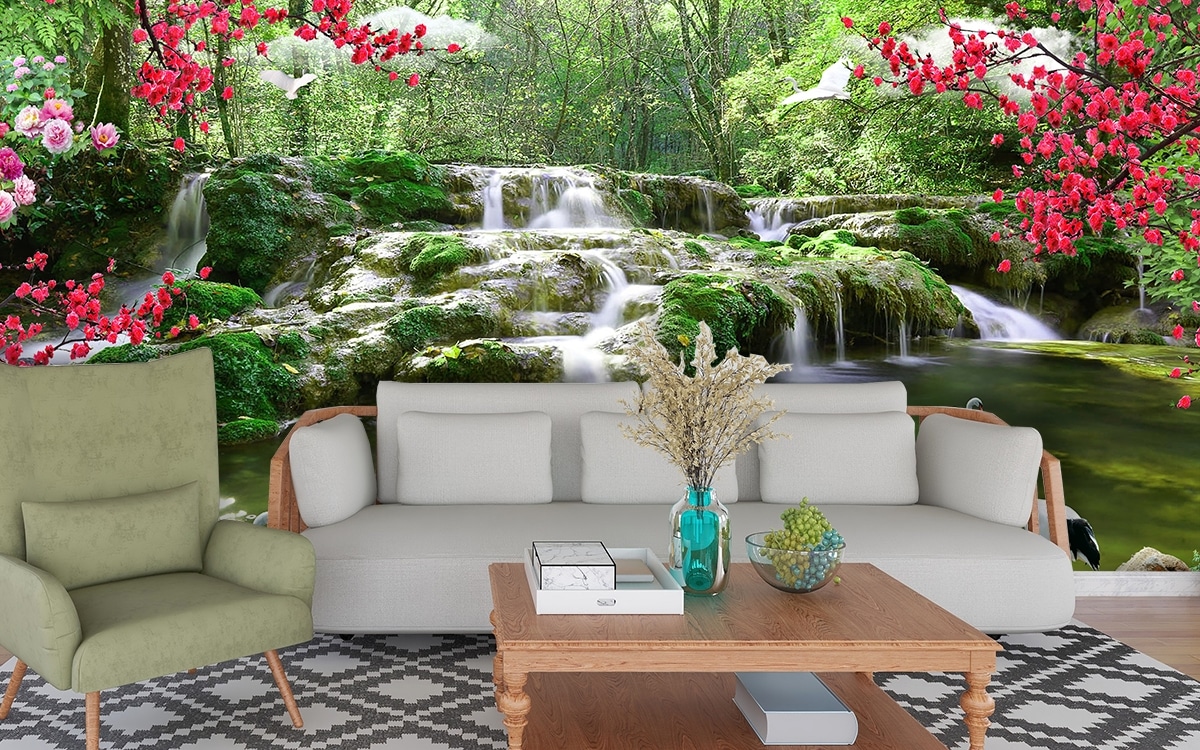 Waterfall Wallpaper for Walls, A waterfall with white swans in it