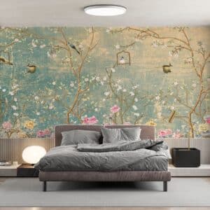 Chinoiserie Floral Wallpaper for Living Room | Vintage botanical garden wall mural