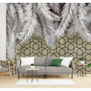 3D Geometric with Leaves Wallpaper