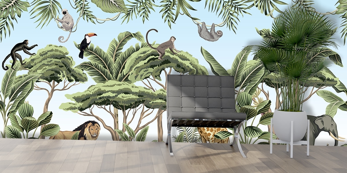 A wallpaper with animals and trees