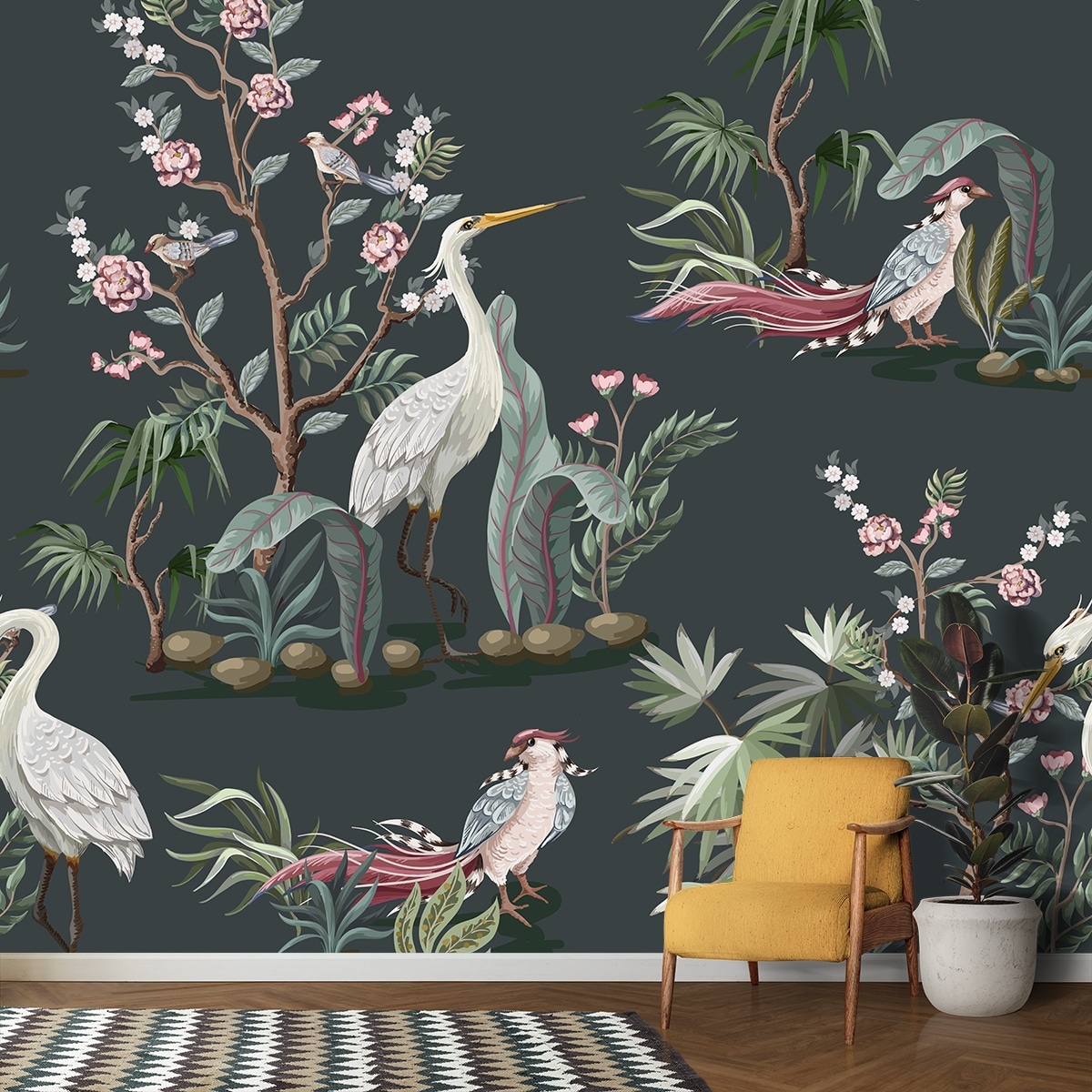 A wallpaper with birds and plants