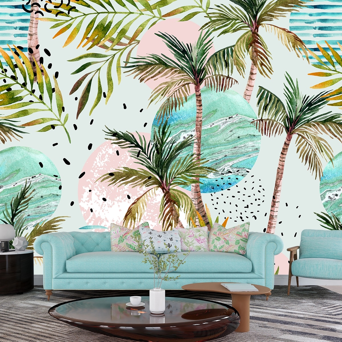A watercolor palm trees and circles