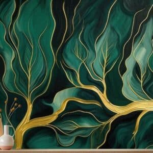 Gold and Emerald Green Leaves Mural Wallpaper