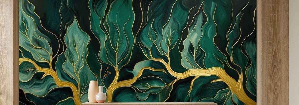 Gold-and-Emerald-Green-Leaves-Mural-Wallpaper-M