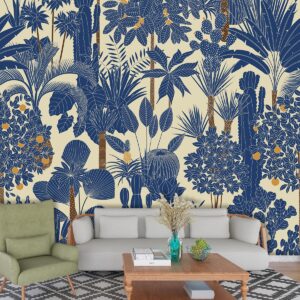 Pattern of blue and white plants wallpaper