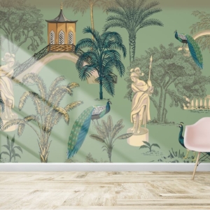 Tropical Park With Trees Peacock and Statues Wallpaper for Wall